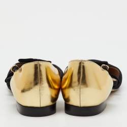 Pre Owned Oscar de la Renta Black/Gold Suede and Leather Bow Accents Flats Size 37