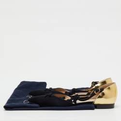 Pre Owned Oscar de la Renta Black/Gold Suede and Leather Bow Accents Flats Size 37