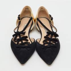 Pre Owned Oscar de la Renta Black/Gold Suede and Leather Bow Accents Flats Size 37
