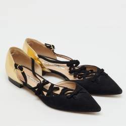 Pre Owned Oscar de la Renta Black/Gold Suede and Leather Bow Accents Flats Size 37