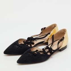 Pre Owned Oscar de la Renta Black/Gold Suede and Leather Bow Accents Flats Size 37
