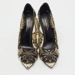 Pre Owned Oscar de la Renta Black Patent Leather and PVC Alyssa Embellished Pointed Toe Pumps Size 40