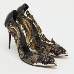 Pre Owned Oscar de la Renta Black Patent Leather and PVC Alyssa Embellished Pointed Toe Pumps Size 40