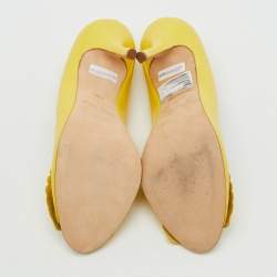 Pre Owned Oscar de la Renta Yellow Leather Scalloped Bow Detail Peep Toe Pumps Size 40.5