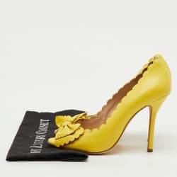 Pre Owned Oscar de la Renta Yellow Leather Scalloped Bow Detail Peep Toe Pumps Size 40.5