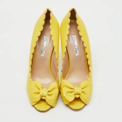 Pre Owned Oscar de la Renta Yellow Leather Scalloped Bow Detail Peep Toe Pumps Size 40.5