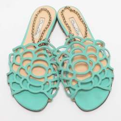 Pre Owned Oscar de la Renta Green Leather Begonia Chain Flats Size 39.5