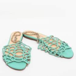 Pre Owned Oscar de la Renta Green Leather Begonia Chain Flats Size 39.5