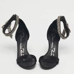 Pre Owned Oscar de la Renta Black Satin Crystal Bow Embellished Ankle Strap Sandals Size 38