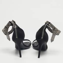 Pre Owned Oscar de la Renta Black Satin Crystal Bow Embellished Ankle Strap Sandals Size 38