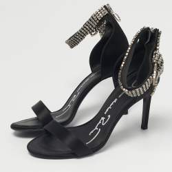 Pre Owned Oscar de la Renta Black Satin Crystal Bow Embellished Ankle Strap Sandals Size 38