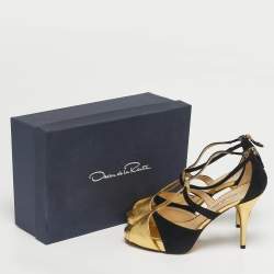 Pre Owned Oscar de la Renta Gold/Black Leather and Suede Ankle Strap Sandals Size 36