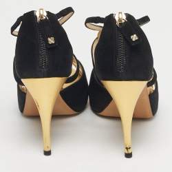 Pre Owned Oscar de la Renta Gold/Black Leather and Suede Ankle Strap Sandals Size 36