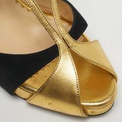 Pre Owned Oscar de la Renta Gold/Black Leather and Suede Ankle Strap Sandals Size 36