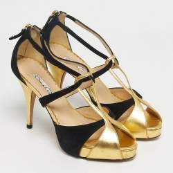 Pre Owned Oscar de la Renta Gold/Black Leather and Suede Ankle Strap Sandals Size 36