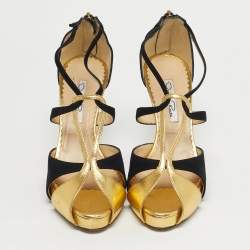 Pre Owned Oscar de la Renta Gold/Black Leather and Suede Ankle Strap Sandals Size 36