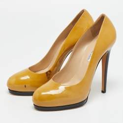Pre Owned Oscar de la Renta Yellow Patent Leather Round Toe Platform Pumps Size 40.5