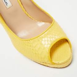 Pre Owned Oscar de la Renta Size 38 Yellow Python Leather Peep Toe Pumps