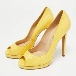 Pre Owned Oscar de la Renta Size 38 Yellow Python Leather Peep Toe Pumps