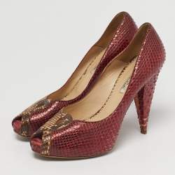 مملوكة مسبقًا Oscar de la Renta Size 39 Tricolor Python Leather Platform Peep Toe Pumps