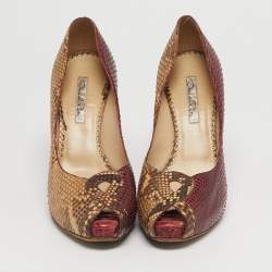 مملوكة مسبقًا Oscar de la Renta Size 39 Tricolor Python Leather Platform Peep Toe Pumps
