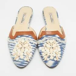 Pre Owned Oscar de la Renta Size 38.5 Tricolor Leather and Fabric Embellished Flat Mules 