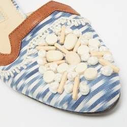 Pre Owned Oscar de la Renta Size 38.5 Tricolor Leather and Fabric Embellished Flat Mules 