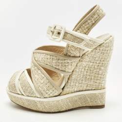 Pre Owned Oscar de la Renta Size 38.5 Cream Leather and Straw Wedge Sandals