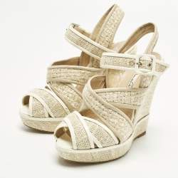 Pre Owned Oscar de la Renta Size 38.5 Cream Leather and Straw Wedge Sandals