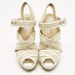 Pre Owned Oscar de la Renta Size 38.5 Cream Leather and Straw Wedge Sandals