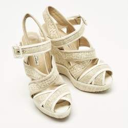 Pre Owned Oscar de la Renta Size 38.5 Cream Leather and Straw Wedge Sandals