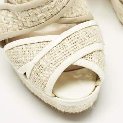 Pre Owned Oscar de la Renta Size 38.5 Cream Leather and Straw Wedge Sandals