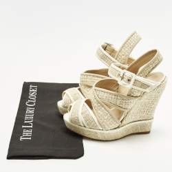 Pre Owned Oscar de la Renta Size 38.5 Cream Leather and Straw Wedge Sandals