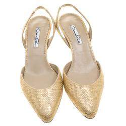 Oscar De La Renta Beige/Gold Jute Samie Slingback Sandals Size 36