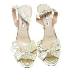 Oscar de la Renta Metallic Gold Embossed Python Leather Knot Sandals Size 38