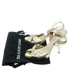 Oscar de la Renta Metallic Gold Embossed Python Leather Knot Sandals Size 38