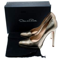 Pre Owned Oscar De La Renta Metallic Gold Leather Pointed Toe Pumps Size 40