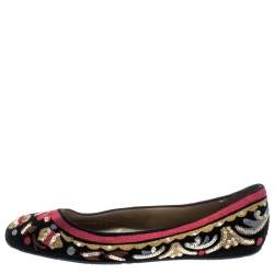 Pre Owned Oscar de la Renta Multicolor Suede And Lace Sequin Embellished Ballet Flats Size 36