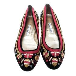 Pre Owned Oscar de la Renta Multicolor Suede And Lace Sequin Embellished Ballet Flats Size 36