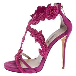 Pre Owned Oscar de la Renta Pink Suede Tatum Embellished T-Strap Sandals Size 37