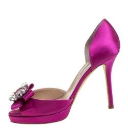 Pre Owned Oscar de la Renta Pink Satin Embellished Bow D'Orsay Open Toe Pumps Size 39