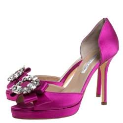 Pre Owned Oscar de la Renta Pink Satin Embellished Bow D'Orsay Open Toe Pumps Size 39