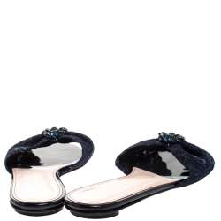 Pre Owned Oscar de la Renta Blue Lace Mia Crystal Embellished Flat Slides Size 36