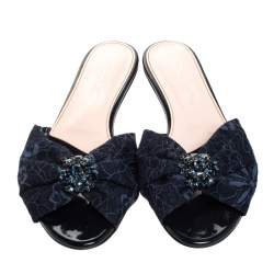 Pre Owned Oscar de la Renta Blue Lace Mia Crystal Embellished Flat Slides Size 36