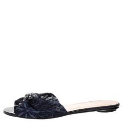 Pre Owned Oscar de la Renta Blue Lace Mia Crystal Embellished Flat Slides Size 36