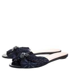 Pre Owned Oscar de la Renta Blue Lace Mia Crystal Embellished Flat Slides Size 36