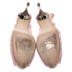 Pre Owned Oscar De La Renta Pink Lace And Leather Slingback Platform Peep Toe Sandals Size 37