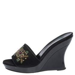 Pre Owned Oscar de la Renta Black Satin Embellished Wedge Open Toe Platform Sandals Size 38
