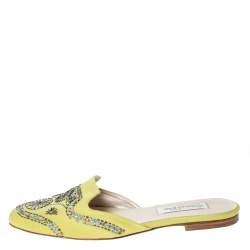 Pre Owned Oscar de la Renta Yellow Satin Embellished Flat Mule Sandals Size 37