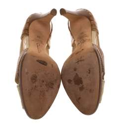 Pre Owned حذاء كعب عالى أوسكار دى لارينتا مقدمة مفتوحة جلد طباعة ثعبان بنى ورافيا مغزول بيج مقاس 38